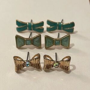 Charming Charlie Bow Earrings Set of 3 Gold and Teal